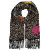 Leopard print scarf with colorful flower appliqués on a white background