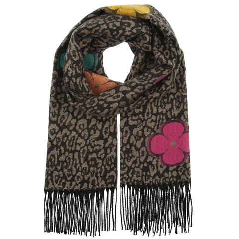 Leopard print scarf with colorful flower appliqués on a white background