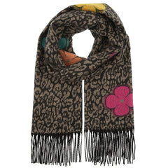 Leopard print scarf with colorful flower appliqués on a white background