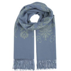 Light Blue scarf with mint green embroidered floral patterns and fringes on a white background