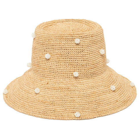 natural crochet raffia straw hat with white pearl beads on a white background